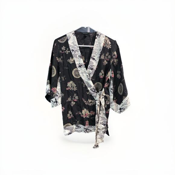 SOMA Black FLORAL 100% Silk KIMONO Style Wide SLEEVE ROBE Size 0 - Picture 1 of 6